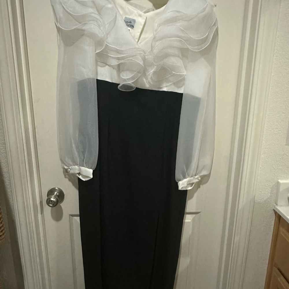 Elegant Black and White Dress with Sheer Sleeves